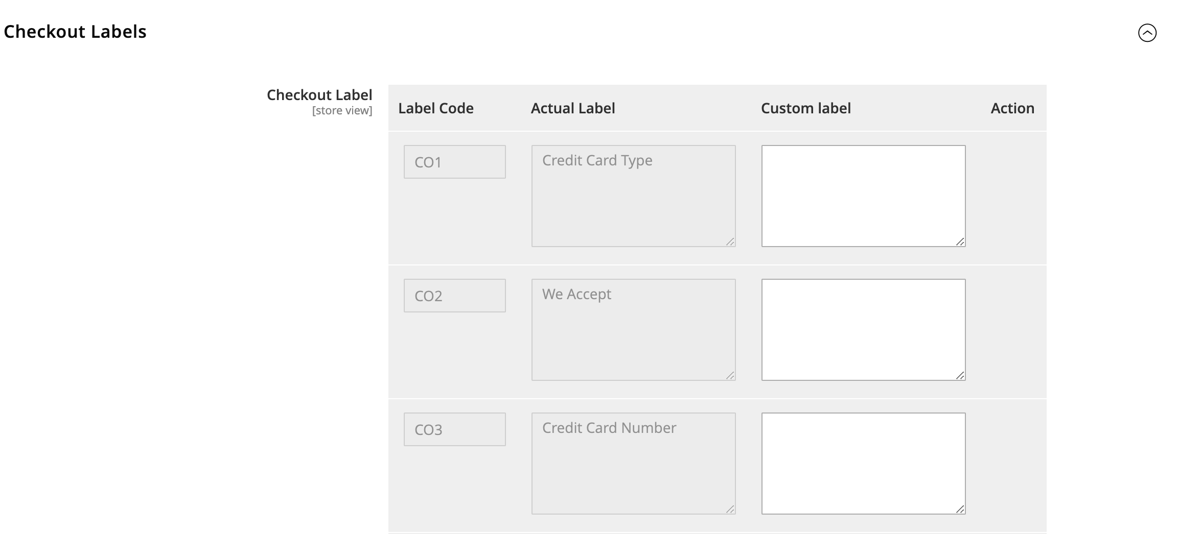 Checkout label configuration screen