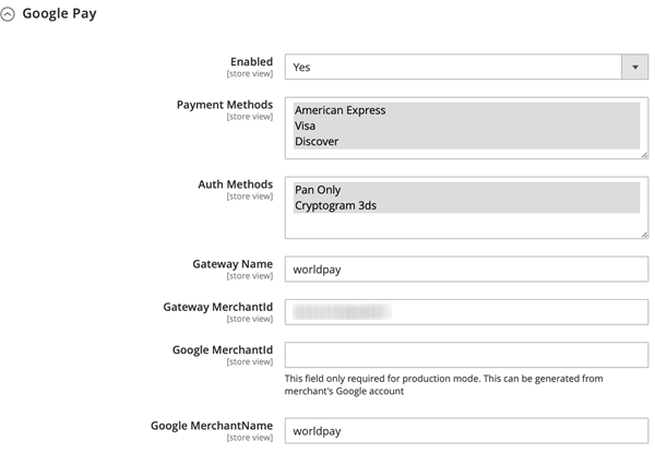 Google Pay configuration screen